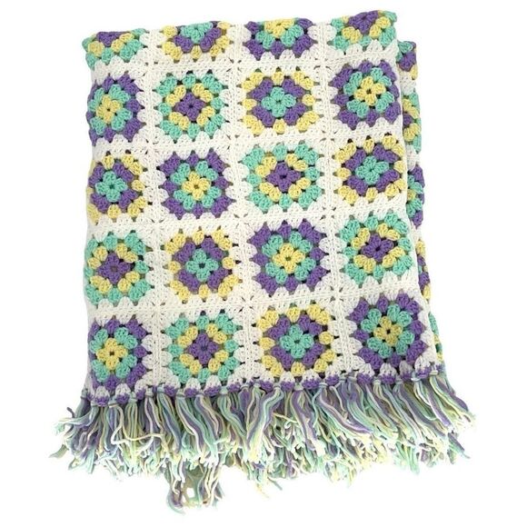 Handmade Vintage Crochet Knit Afghan Throw Blanket Pastel 47”x74” - Picture 1 of 7